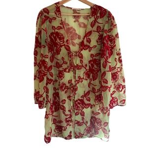 Urban‎ Outfitters Sheer Rose Kimono Cardigan Boho Burnout Velvet Light Green Red